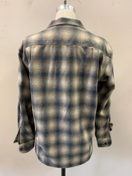 PENDLETON, Tan Brown, Lt Gray, Gray, Wool, Plaid, Long Sleeves, Button Front, 2 Pockets,