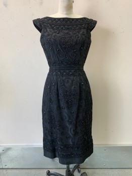 Womens, Evening Gown, Kramer, Black, Polyester, Cotton, Leaves/Vines , S, Sleeveless, Wide Neck, Embroiderred Detailing with Sequins & Gems, Back Zipper,