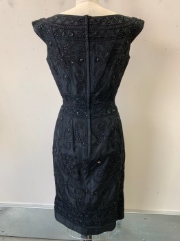 Womens, Evening Gown, Kramer, Black, Polyester, Cotton, Leaves/Vines , S, Sleeveless, Wide Neck, Embroiderred Detailing with Sequins & Gems, Back Zipper,