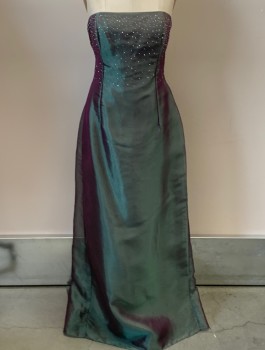 Womens, Evening Gown, JESSICA MCCLINTOCK, Iridescent Green, Polyester, Rhinestones, Solid, B 38, 10, Strapless, Boning, Chiffon Overlay, Back Keyhole with 2 Ties, Back Zipper @ Waist, Back Slit In Overlay