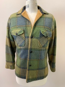 FOX KNAP, Lt Green, French Blue, Khaki Brown, Wool, Plaid, L/S, Button Front, Collar Attached, Chest Pockets