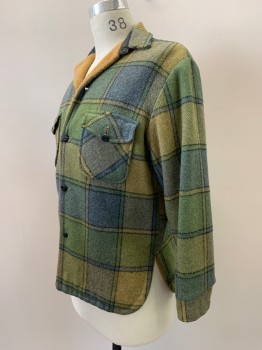 FOX KNAP, Lt Green, French Blue, Khaki Brown, Wool, Plaid, L/S, Button Front, Collar Attached, Chest Pockets