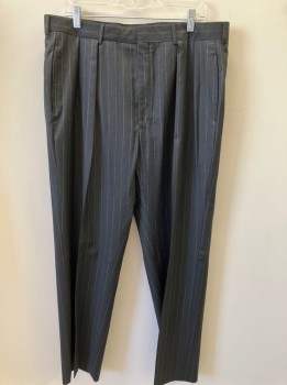 POLO RALPH LAUREN, Charcoal Gray, Lt Gray, Wool, Stripes - Vertical , Pleated, Slant Pkts, *small Hole Above Pkt In Back