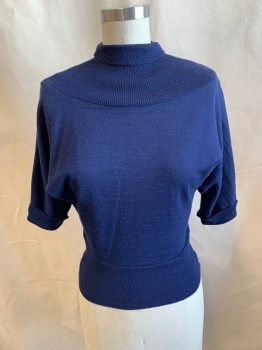 Womens, Top, NL, Navy Blue, Synthetic, Solid, W24, B36, S/S, Mock Neck, Ribbed Waistband and Sleeves, Rolled Cuffs