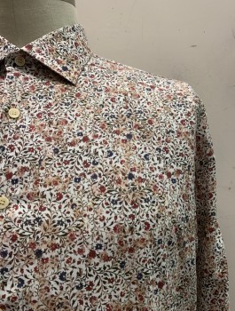 Mens, Casual Shirt, SAKS FIFTH AVE, Beige, Multi-color, Cotton, Floral, XXL, C.A., Button Front, L/S, Red And Dar Blue Floral Pattern
