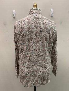 Mens, Casual Shirt, SAKS FIFTH AVE, Beige, Multi-color, Cotton, Floral, XXL, C.A., Button Front, L/S, Red And Dar Blue Floral Pattern