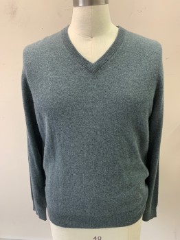 Mens, Pullover Sweater, BLOOMINGDALES, Blue-Gray, Cashmere, 2 Color Weave, Solid, L, V-N, Variegated Color