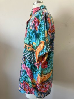 N/L, Forest/Turquoise/Pink/Orange Abstract Silk, C.A., B.F., S/S, 1 Pckt,