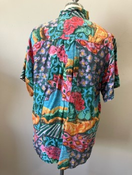 Mens, Shirt, N/L, 16.5, Forest/Turquoise/Pink/Orange Abstract Silk, C.A., B.F., S/S, 1 Pckt,