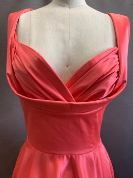 Womens, Evening Gown, Candice Gwinn, Coral Pink, Silk, Solid, W24, B32, Sleeveless, Sweetheart Neckline with Drape, Side Pockets, Side Zipper, Retro 1950's