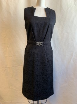 ANTONIO MELANI, Black, Cotton, Polyester, Solid, Floral and Stripe Self Brocade, Squared Off Neck, Sleeveless, Waistband with Silver Attached Buckle, 2 Patch Pockets, Zip Back, Knee Length