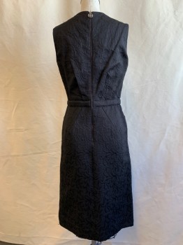 ANTONIO MELANI, Black, Cotton, Polyester, Solid, Floral and Stripe Self Brocade, Squared Off Neck, Sleeveless, Waistband with Silver Attached Buckle, 2 Patch Pockets, Zip Back, Knee Length