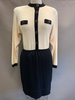 ST JOHN, Cream, Black, Acrylic, Solid, L/S, Button Front, Crew Neck, Black Buttons with Gold Rim, Chest Pocket, Shoulder Pads