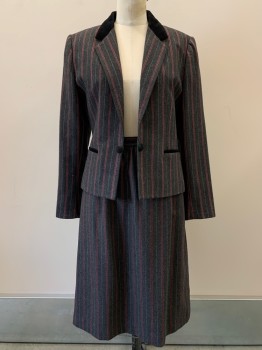 SASSON, Dusty Black, Red Burgundy, White, Polyester, Wool, Stripes - Pin, 2 Buttons Open Front, Notched Lapel, Top Pockets, Velvet Collar, Shoulder Pads