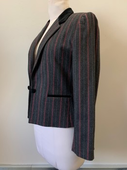 SASSON, Dusty Black, Red Burgundy, White, Polyester, Wool, Stripes - Pin, 2 Buttons Open Front, Notched Lapel, Top Pockets, Velvet Collar, Shoulder Pads