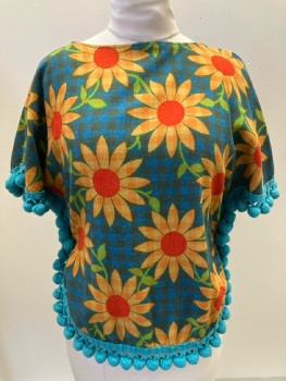 Womens, Shirt, ALADDIN, B: 36, Blue/ Multi-color, Gingham And Floral Print, Boat Neck, S/S, Pom Pom Trim