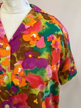 Womens, Shirt, LA ROSA, B: 50, Red/ Multi-color, Abstract Floral Print, C.A., B.F., S/S, Side Vents