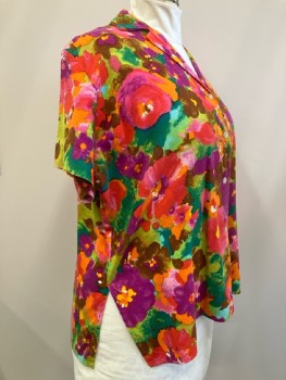 Womens, Shirt, LA ROSA, B: 50, Red/ Multi-color, Abstract Floral Print, C.A., B.F., S/S, Side Vents