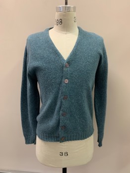 Mens, Sweater, FINE SPORTSWEAR, Lt Blue, Wool, Polyester, Solid, M, V-N, Button Front,