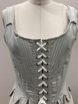 NO LABEL, Lt Gray, Cotton, Polyester, Solid, Straps With Back Tie, Scoop Neck, Diagonal Boning, Wavy Bottom Trim, Front And Back Lace Up, Aged
