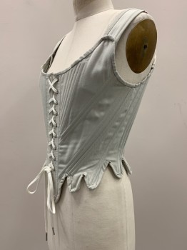Womens, Historical Fiction Corset, NO LABEL, Lt Gray, Cotton, Polyester, Solid, W28, B34, Straps With Back Tie, Scoop Neck, Diagonal Boning, Wavy Bottom Trim, Front And Back Lace Up, Aged