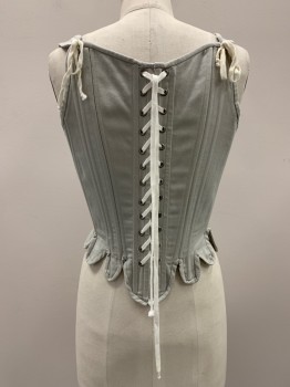 Womens, Historical Fiction Corset, NO LABEL, Lt Gray, Cotton, Polyester, Solid, W28, B34, Straps With Back Tie, Scoop Neck, Diagonal Boning, Wavy Bottom Trim, Front And Back Lace Up, Aged