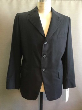 NO LABEL, Black, Wool, Solid, 3 Button Closure, 3 Pockets,