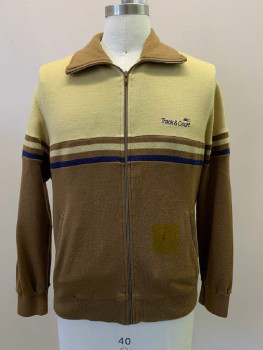 TRACK + COURT, Brown, Khaki Brown, Navy Blue, Acrylic, Color Blocking, L/S, Zip Front, Collar Attached, Side Pockets, Stains Left Pocket