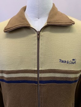 TRACK + COURT, Brown, Khaki Brown, Navy Blue, Acrylic, Color Blocking, L/S, Zip Front, Collar Attached, Side Pockets, Stains Left Pocket