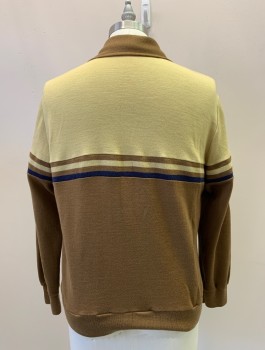Mens, Sweater, TRACK + COURT, Brown, Khaki Brown, Navy Blue, Acrylic, Color Blocking, 42, L/S, Zip Front, Collar Attached, Side Pockets, Stains Left Pocket
