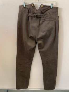 NL, Brown, Cotton, Solid, B.F., 4cf125287 Pckts, Suspenders Buttons, Peaked Back Waist Band, Half Belt With Buckle, Distressed, Bleach Stains On Back Right Hip
