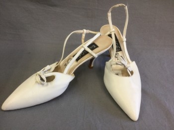 Womens, Shoes, KENNETH COLE, Bone White, Leather, Solid, 9, Heels, Pointed Toe, with Self Bow, Sling Back with Self Straps Around Back of Ankle, 3" Kitten Heel,