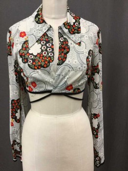 Womens, Top, JUNIOR SCOPE, Off White, Lt Blue, Red, Orange, Black, Polyester, Floral, 4/6, Long Sleeves, Tie Center Front, Cropped, Collar Attached,