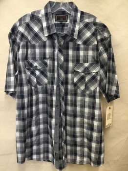 MEZITZOS, Navy Blue, White, Gray, Cotton, Polyester, Plaid, Western Yoke, 2 Pockets With Pleats And Point Flaps, Short Sleeve,