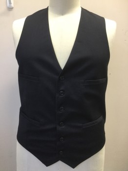 MAYEU, Navy Blue, Wool, Polyester, Solid, Vest, Navy  with Navy Lining, V-neck, Single Breasted, 6 Button Front, 4 Pockets