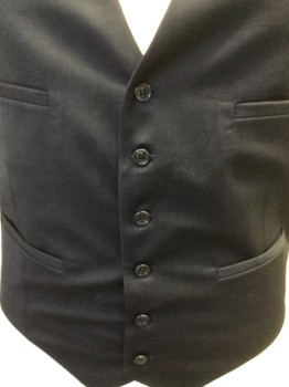 MAYEU, Navy Blue, Wool, Polyester, Solid, Vest, Navy  with Navy Lining, V-neck, Single Breasted, 6 Button Front, 4 Pockets