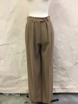 Womens, Slacks, GIORGIO ARMANI, Tan Brown, Wool, Solid, W:28, Pleated, Button Tab, High Waist, 4 Welt Pockets, Belt Loops, Zip Front, Partially Lined
