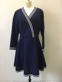 N/L, Navy Blue, White, Synthetic, Solid, Navy Waffle Knit, L/S, Double White Decorative Stripes, Surplice Top,  Zip Back, A-line Skirt