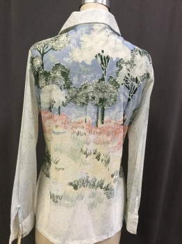 KOKO BAY, Cream, Lt Blue, Forest Green, Rose Pink, Tan Brown, Polyester, Novelty Pattern, Color Pencil Landscape Print, Button Front, Collar Attached, Long Sleeves,