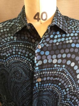 PERRY ELLIS, Black, Lt Blue, Gray, Green, Cotton, Geometric, Paisley/Swirls, Black W/light Blue, Gray, Green Circles & Paisley Front Center and Back, Collar Attached, Button Front, Long Sleeves, See Photo Attached,