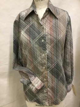 Womens, Blouse, ADELAAR, Cream, Wine Red, Gray, Brown, Black, Polyester, Abstract , 14, B 36, Cream W/wine,gray,brown,black Abstract Print, Collar Attached, Button Front, Long Sleeves, Spa
