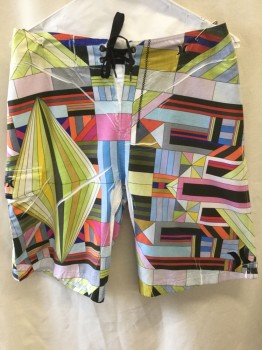 HURLEY, Pink, Red, French Blue, Lime Green, Gray, Polyester, Abstract , Black, Gray, Olive, Pink, Red, French Blue, Lime Yellow Abstract Print, 2" Waistband, Black D-string Cord