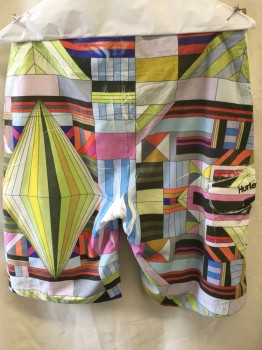 HURLEY, Pink, Red, French Blue, Lime Green, Gray, Polyester, Abstract , Black, Gray, Olive, Pink, Red, French Blue, Lime Yellow Abstract Print, 2" Waistband, Black D-string Cord