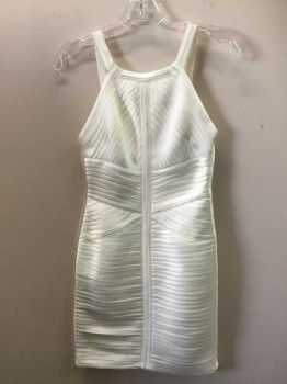 Bcbg, White, Polyester, Synthetic, Self Strips of White Satin with White Mesh Inlay. Shoulder Straps. Fitted