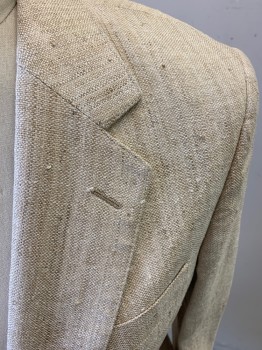 CHRISTOPHER HAYES, Tan Brown, Cream, Linen, Silk, Basket Weave, Single Breasted, Collar Attached, Notched Lapel, 3 Pockets, 2 Buttons