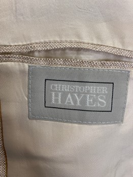 CHRISTOPHER HAYES, Tan Brown, Cream, Linen, Silk, Basket Weave, Single Breasted, Collar Attached, Notched Lapel, 3 Pockets, 2 Buttons