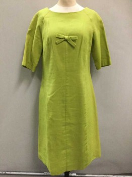 Womens, Cocktail Dress, N/L, Lime Green, Solid, Diamond Texture Pique, 3/4 Sleeves, Round Neck,  Self 3D Bow At Center Front Bust, Straight Fit Skirt, Hem Mid-calf,  Center Back Zipper,