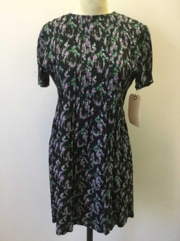 PETITE SOPHISTICATE, Black, Magenta Purple, Green, Gold, Rayon, Floral, CN, Short Sleeves, Stitched Down Knife Pleat Bodice Open Up at Waist, Zip Back, Tie Back Waist