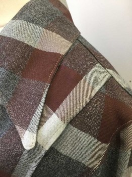 Womens, Jacket, N/L, Dk Gray, Brown, Lt Gray, Charcoal Gray, Cotton, Plaid, B:42, Flannel, L/S, Notched Collar, 4 Large Gray Shell Buttons, 2 Large Patch Pockets at Hips, No Lining,