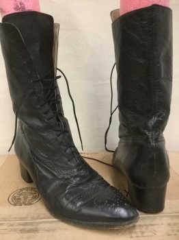 N/L, Black, Leather, Solid, Black1, Calf Length, Perforate Cap Toe, Black Lace Up, 1-1/2" Heels